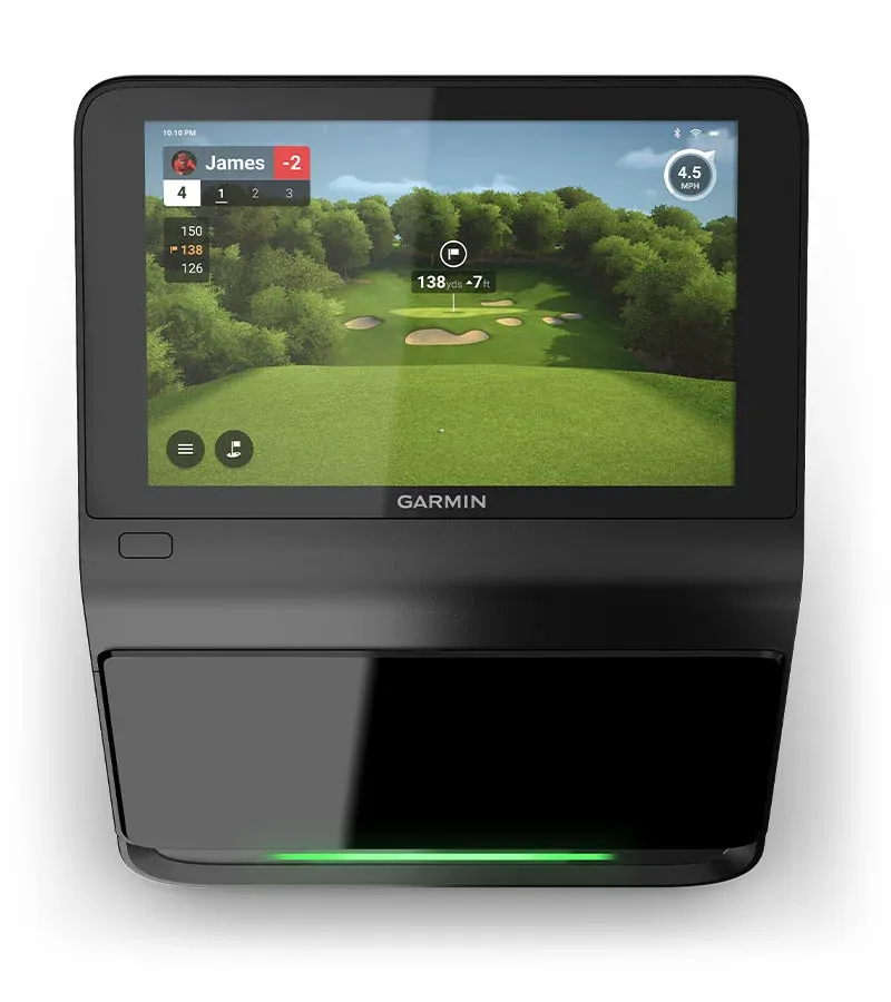 Garmin R50 launch monitor with built-in screen showing a course view