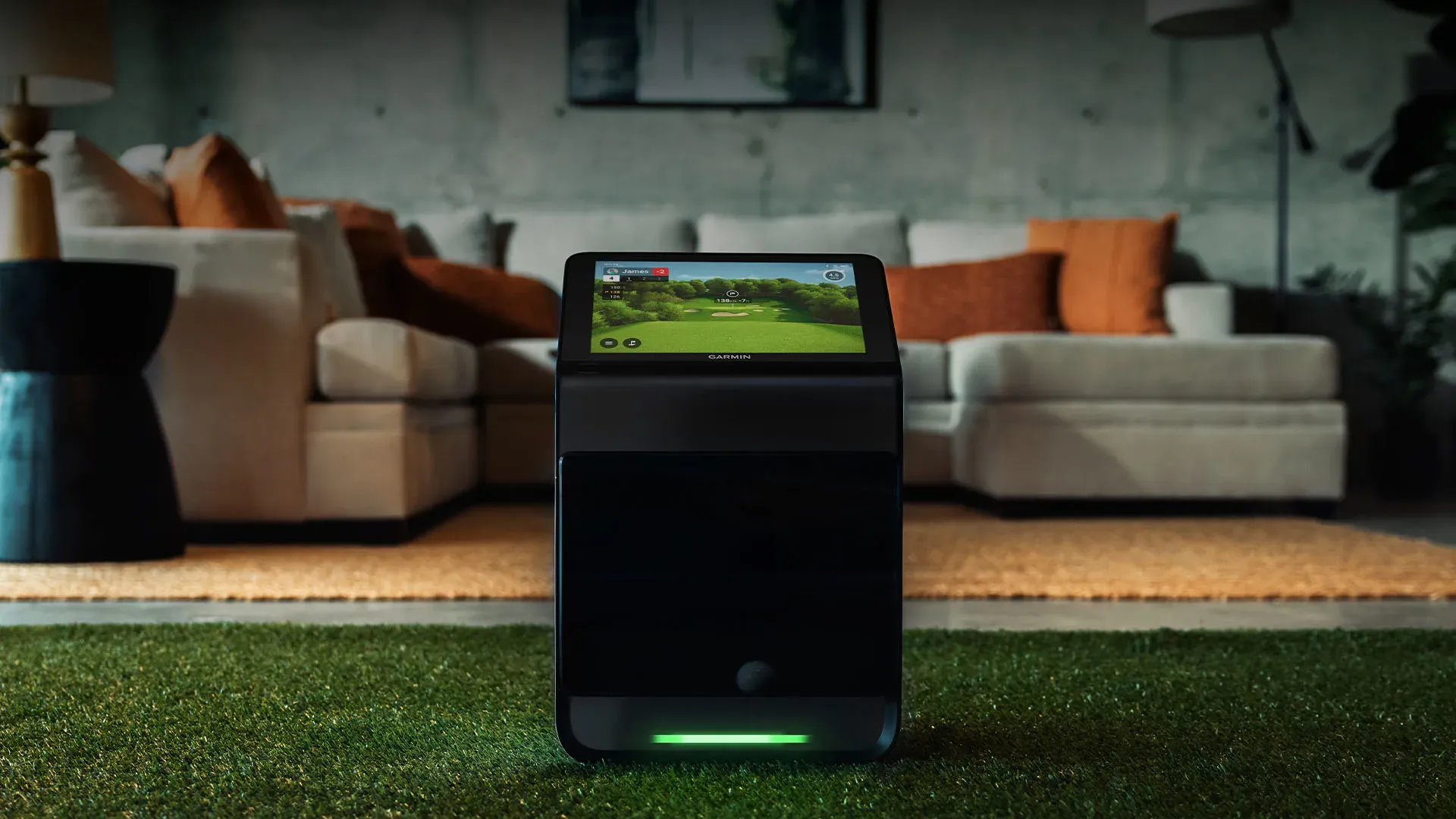 Garmin R50 set up on artificial turf in a living room