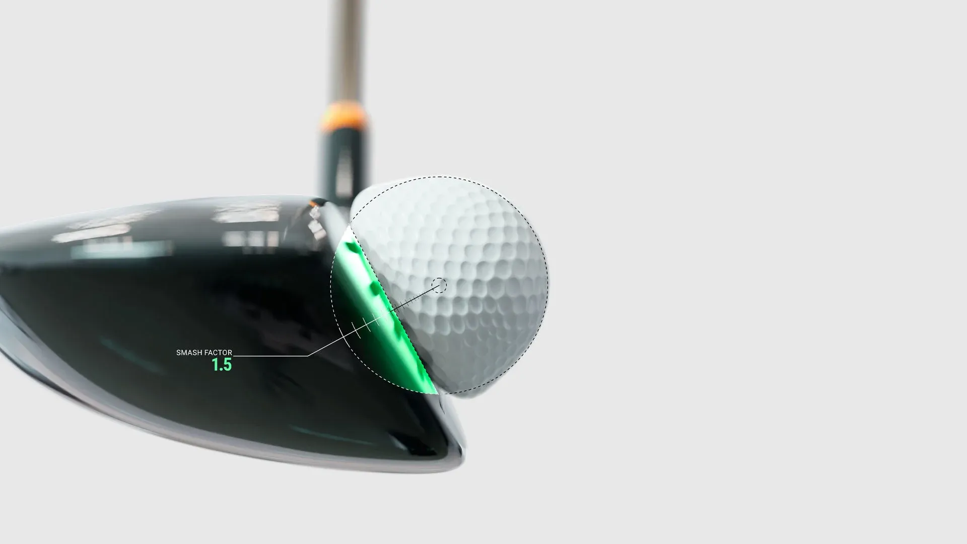 Close-up graphic of a club face and golf ball showing smash factor data